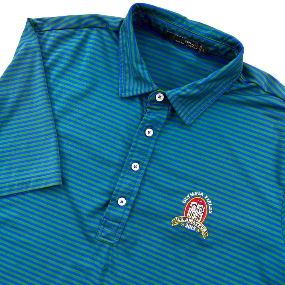 RLX Ralph Lauren Golf Polo Mens XL Blue Green Striped 2015 US Amateur Olympia